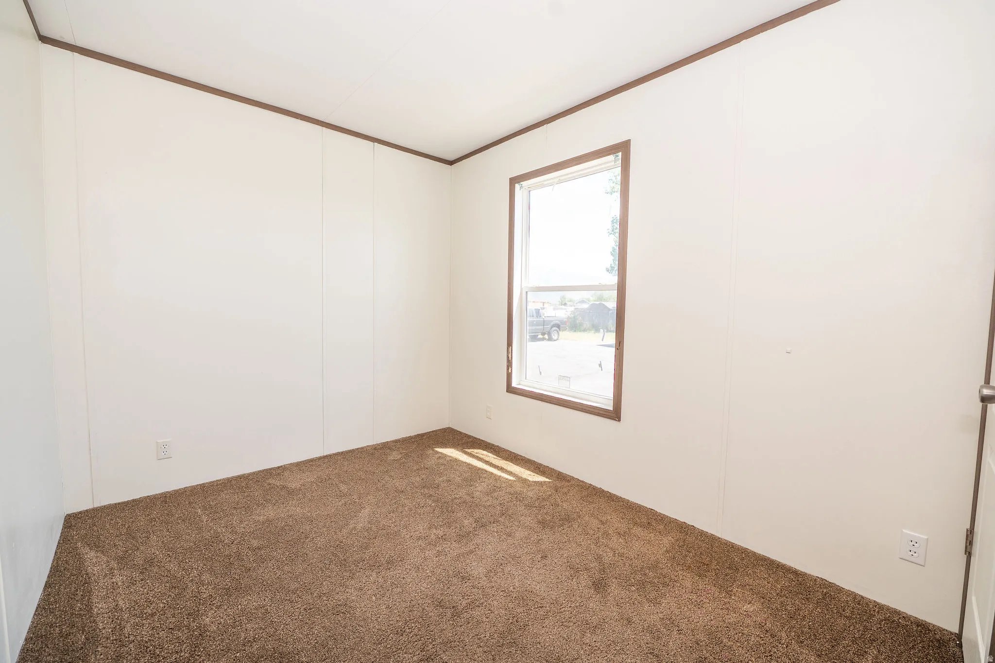 Room featuring soft brown carpet, white wall panels, and contrasting brown trim