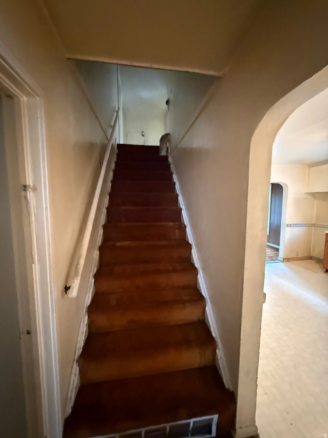 Staircase with carpeted treads and painted handrail, featuring an arched doorway and a floor vent
