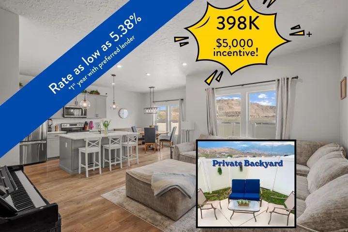 Marketing Image. Displaying the interior of the property with promotional financial details and a depiction of the exterior area