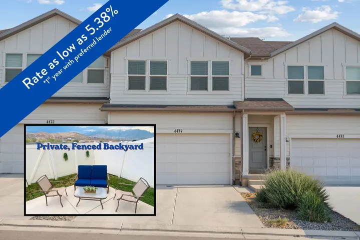 Promotional Image. Displaying a multi-unit property exterior with a financing offer and a detail image of the property's enclosed outdoor space