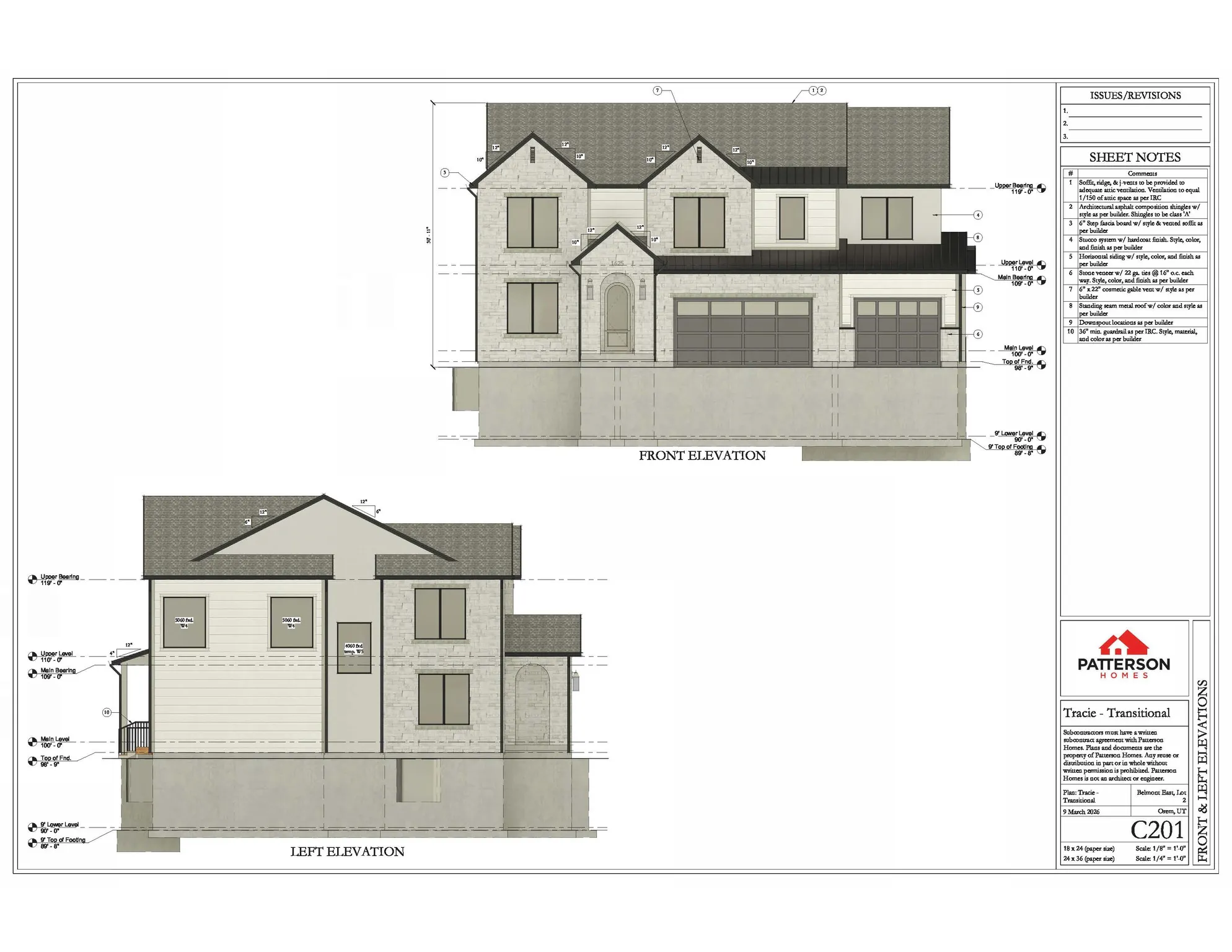 Architectural Drawing, Elevations. Displaying the front and left exterior views of the property with associated construction notes