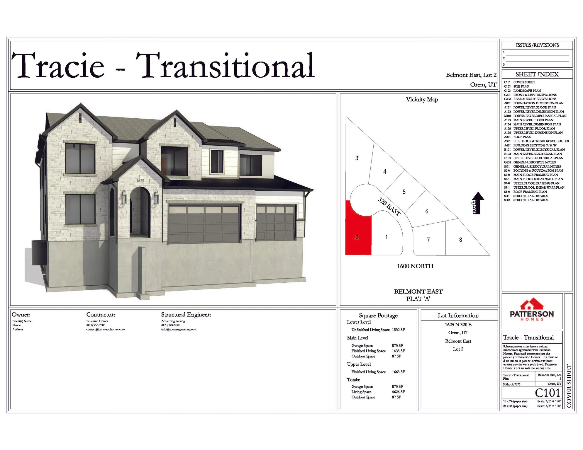 Cover Sheet. Presenting the property rendering, lot information, square footage details, and sheet index