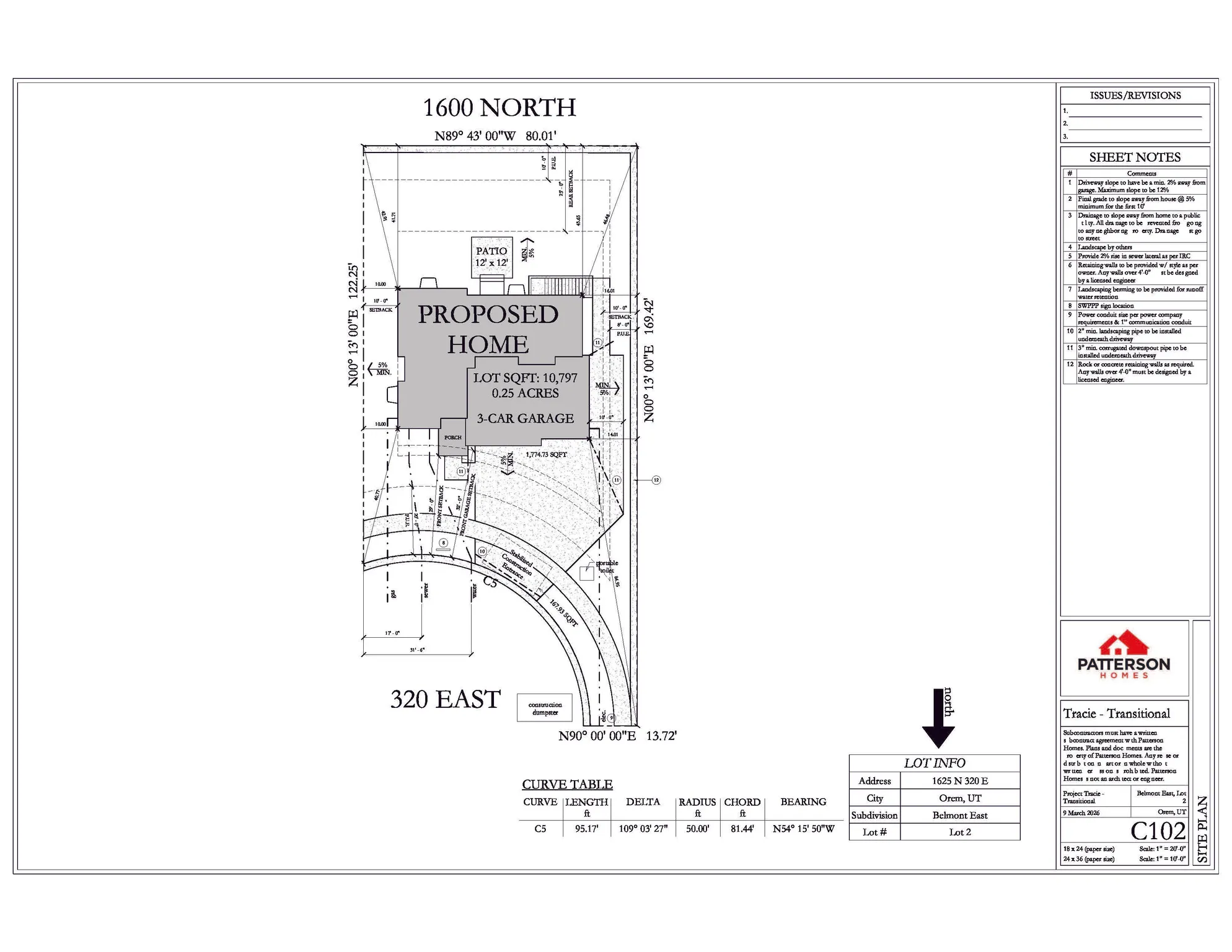 Site Plan. Illustrating the proposed home, lot dimensions, and surrounding property details