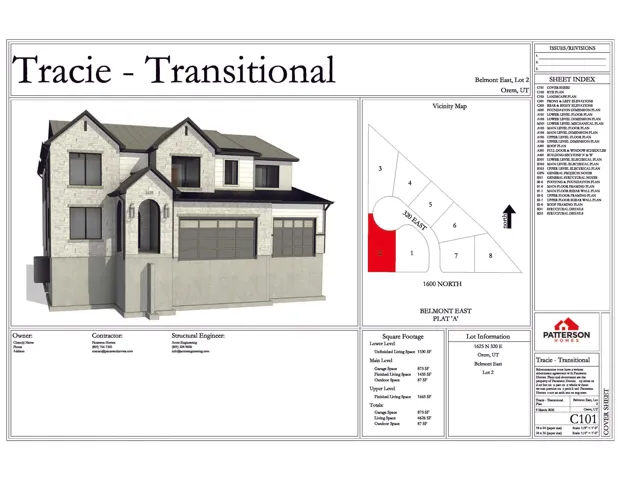 Cover Sheet. Presenting the property rendering, lot information, square footage details, and sheet index