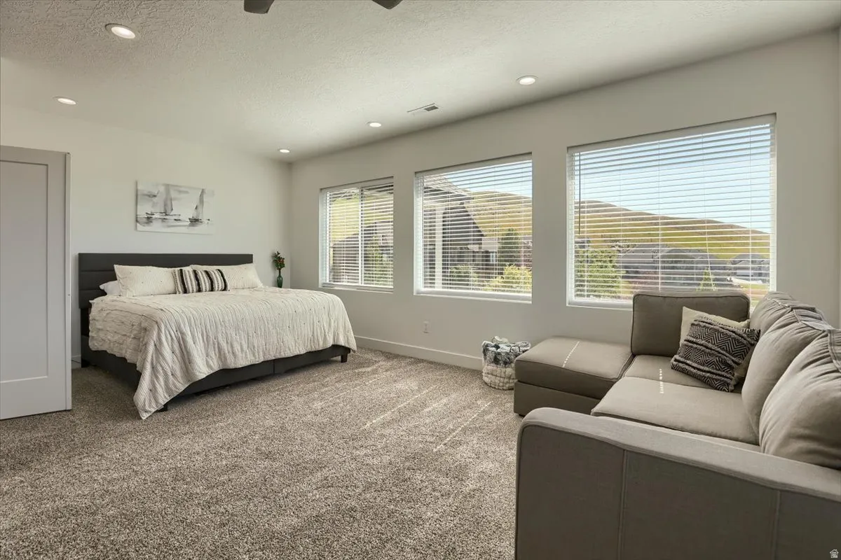 Spacious room featuring plush carpeting, a wide window line with multiple windows, and recessed ceiling lighting