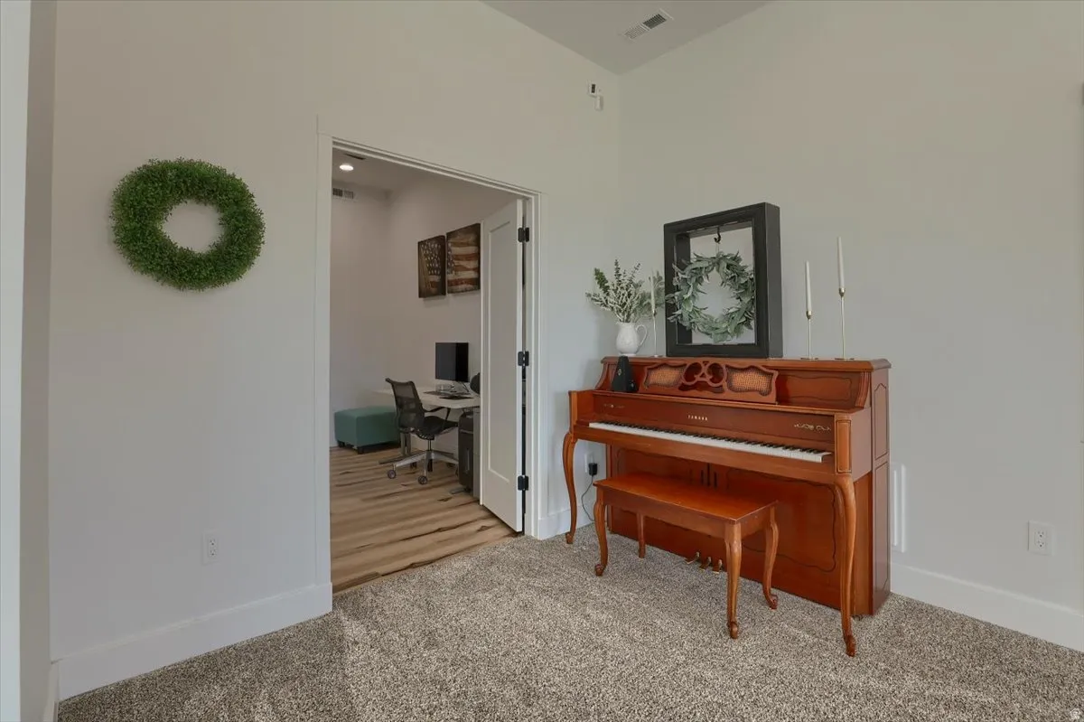 Interior space featuring light-toned walls and contrasting textured carpet flooring