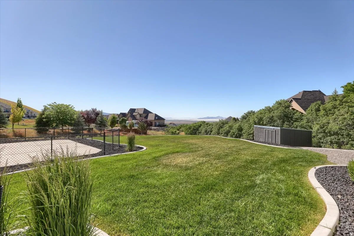 Expansive grassy area featuring a concrete sports court with chain-link fencing, mature trees, and a storage shed