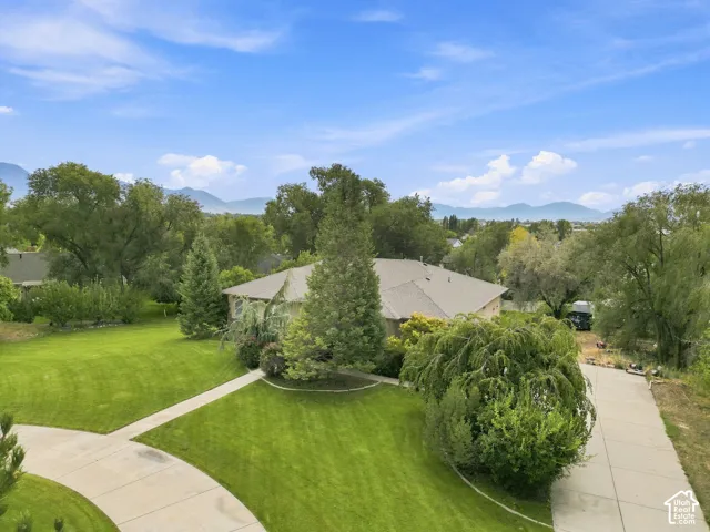 Expansive green lawn, mature trees, concrete driveway, and mountain backdrop