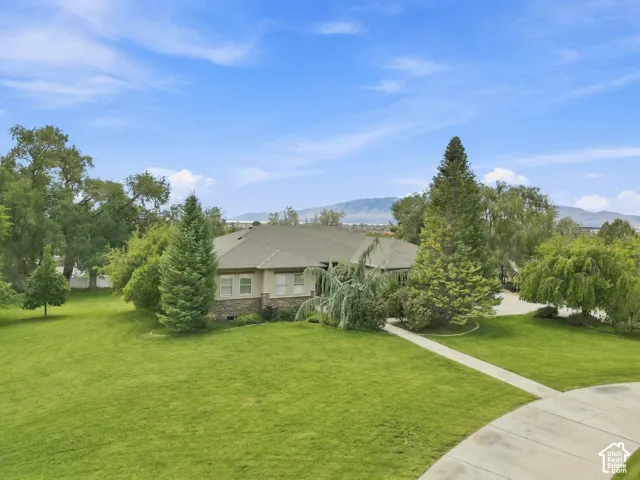 Expansive green lawn with mature trees and a paved walkway leading to the residence