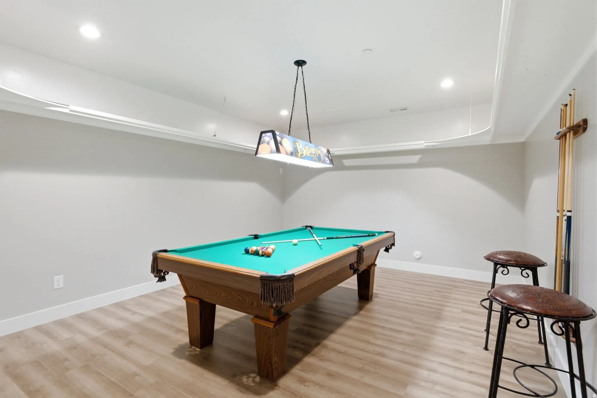 Recreation area featuring a billiard table with a pendant light fixture, recessed lighting, and light wood-finish flooring