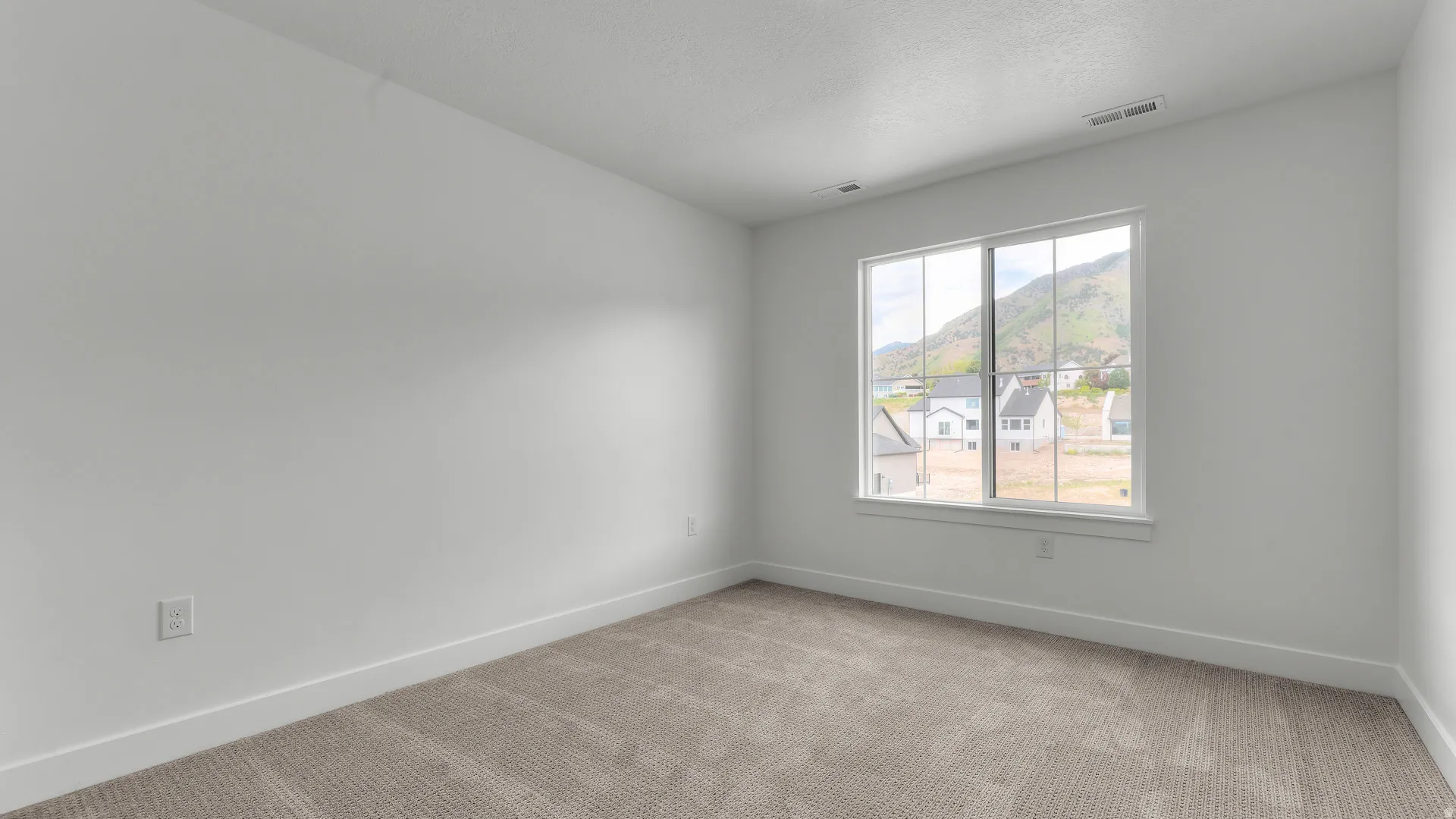 Bright interior room featuring a large window with white framing, neutral carpet flooring, and white baseboards