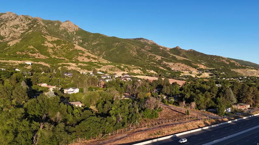 Residential properties nestled amongst abundant mature trees, positioned at the base of a verdant mountain range