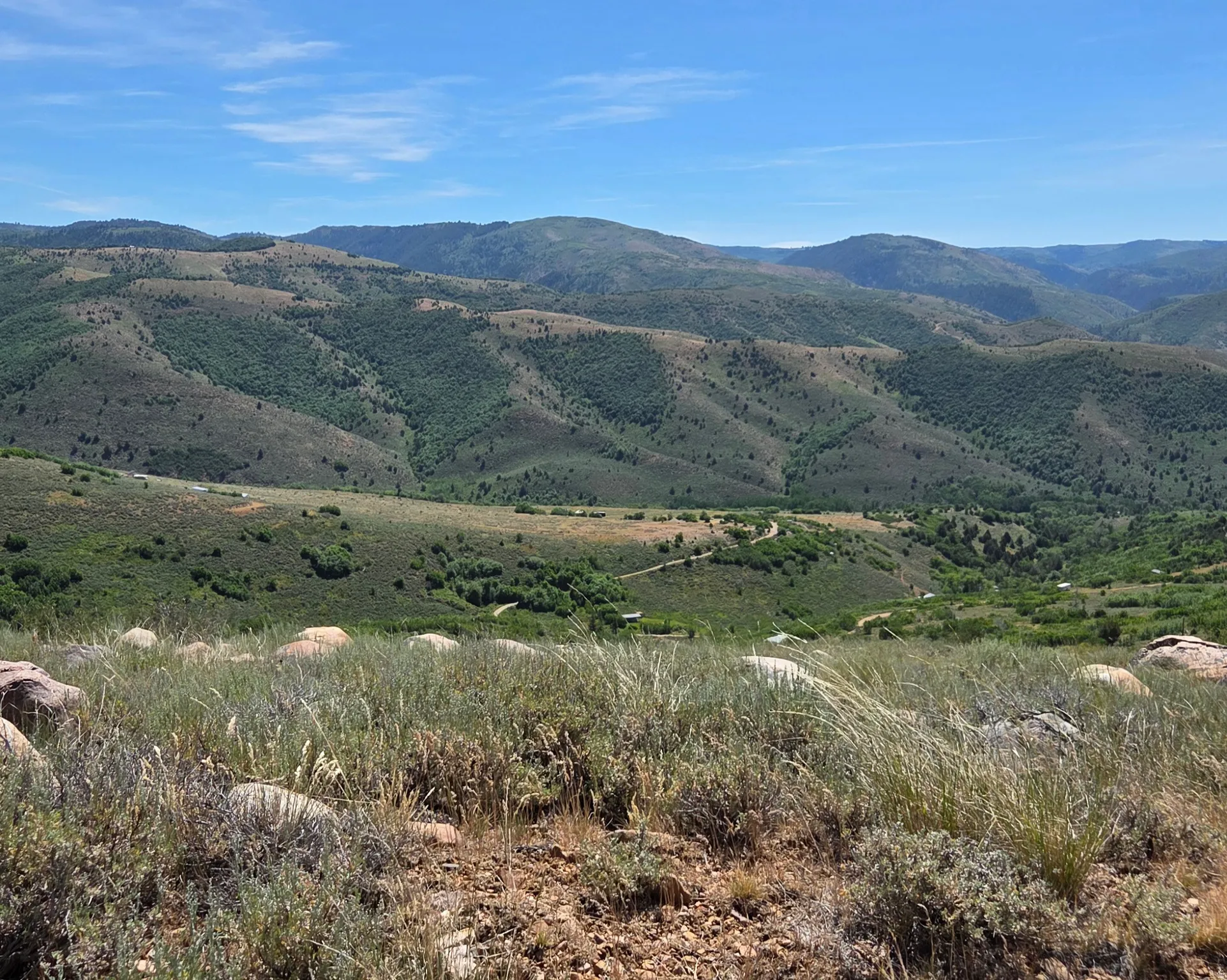 Expansive terrain featuring rolling hills, varied green foliage, and natural rock outcroppings under a clear sky