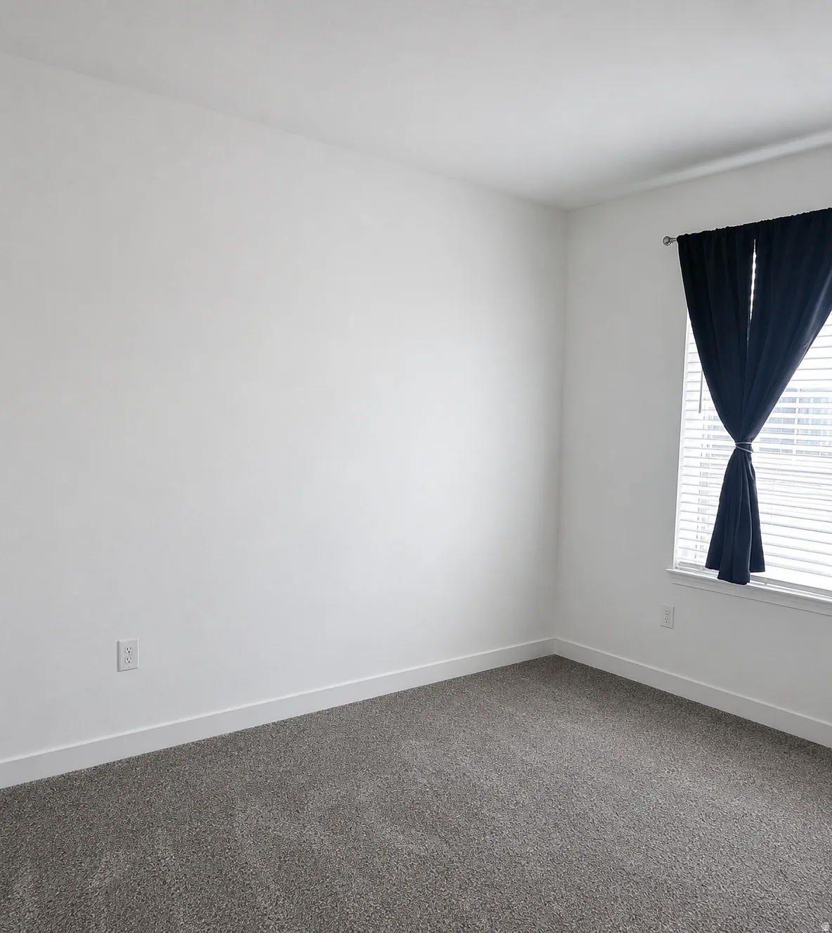 Carpeted room featuring white walls, white baseboards, and a window with horizontal blinds