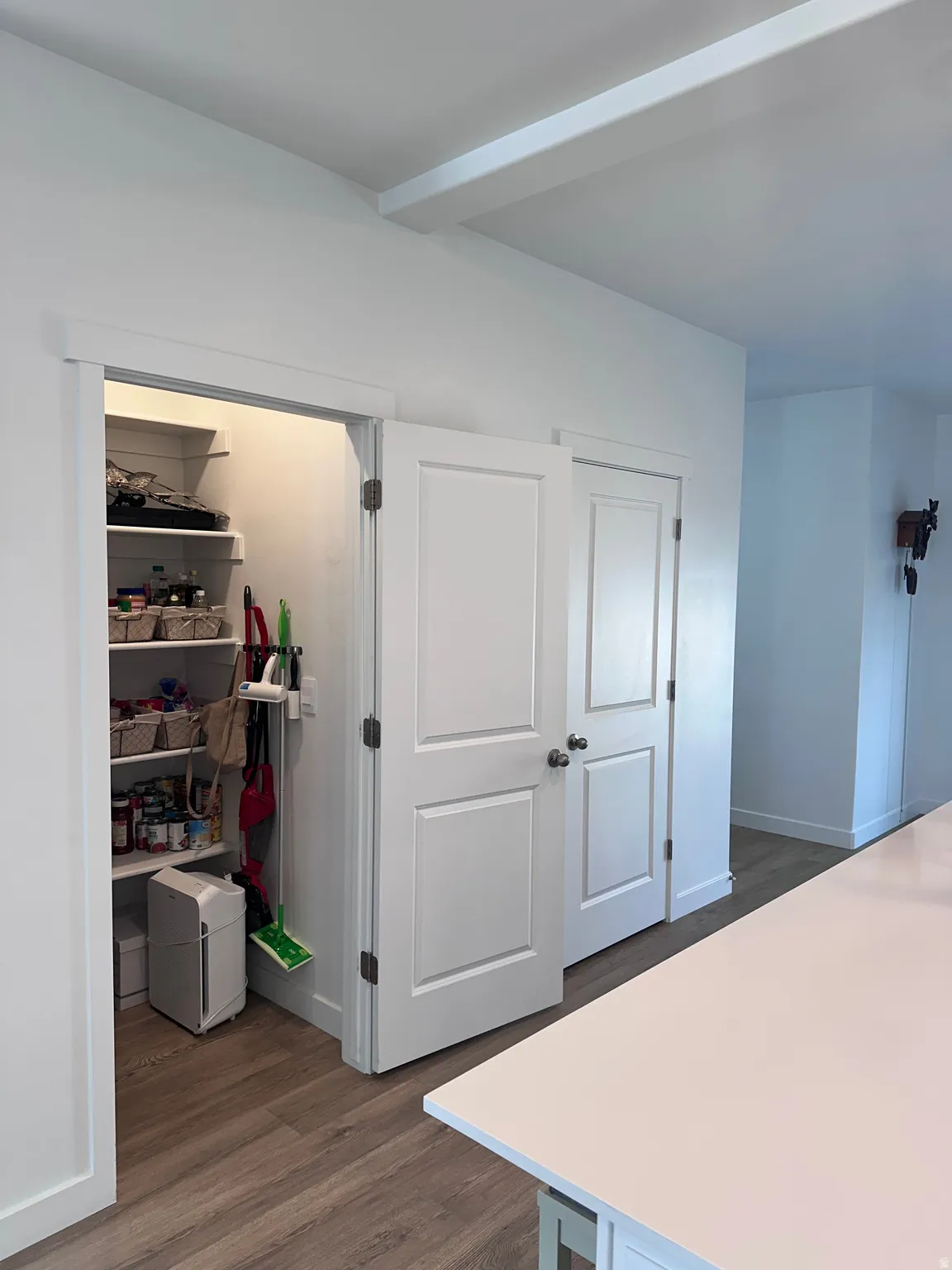 White kitchen island with a smooth, light-toned countertop, wood-finish flooring, and white paneled doors