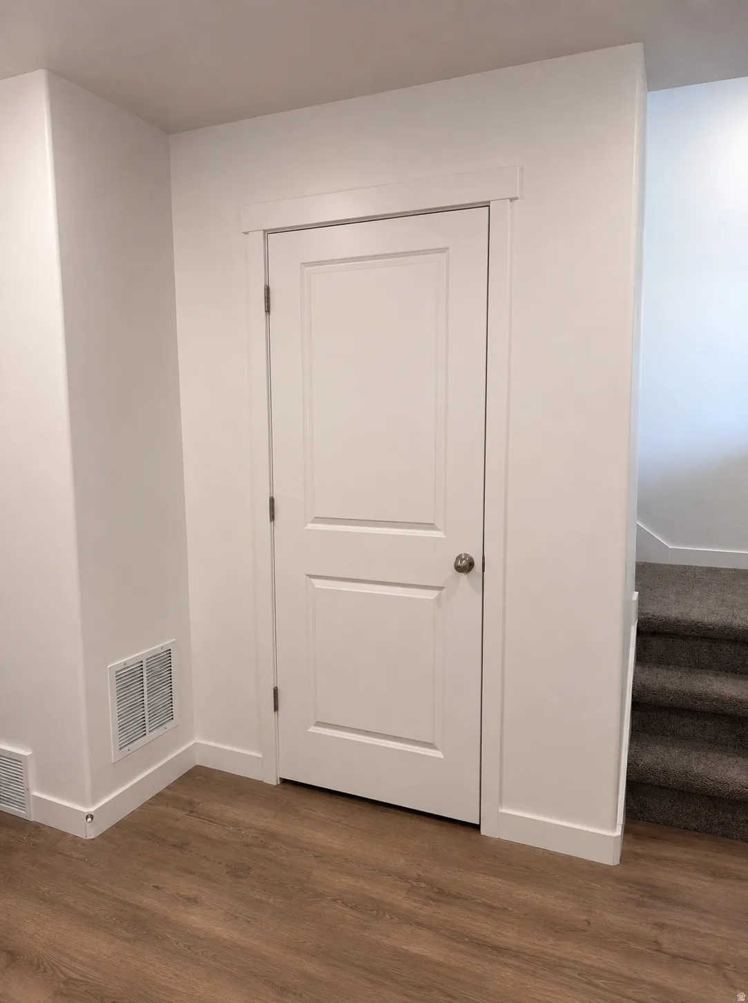 White paneled interior door with a brushed nickel knob