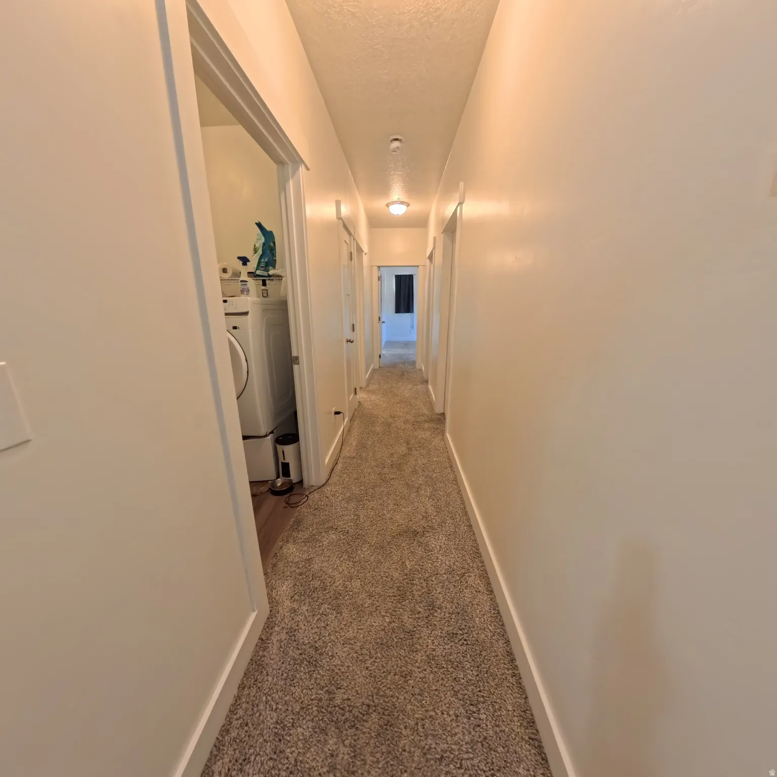Hallway featuring neutral-toned carpeting and light-colored walls