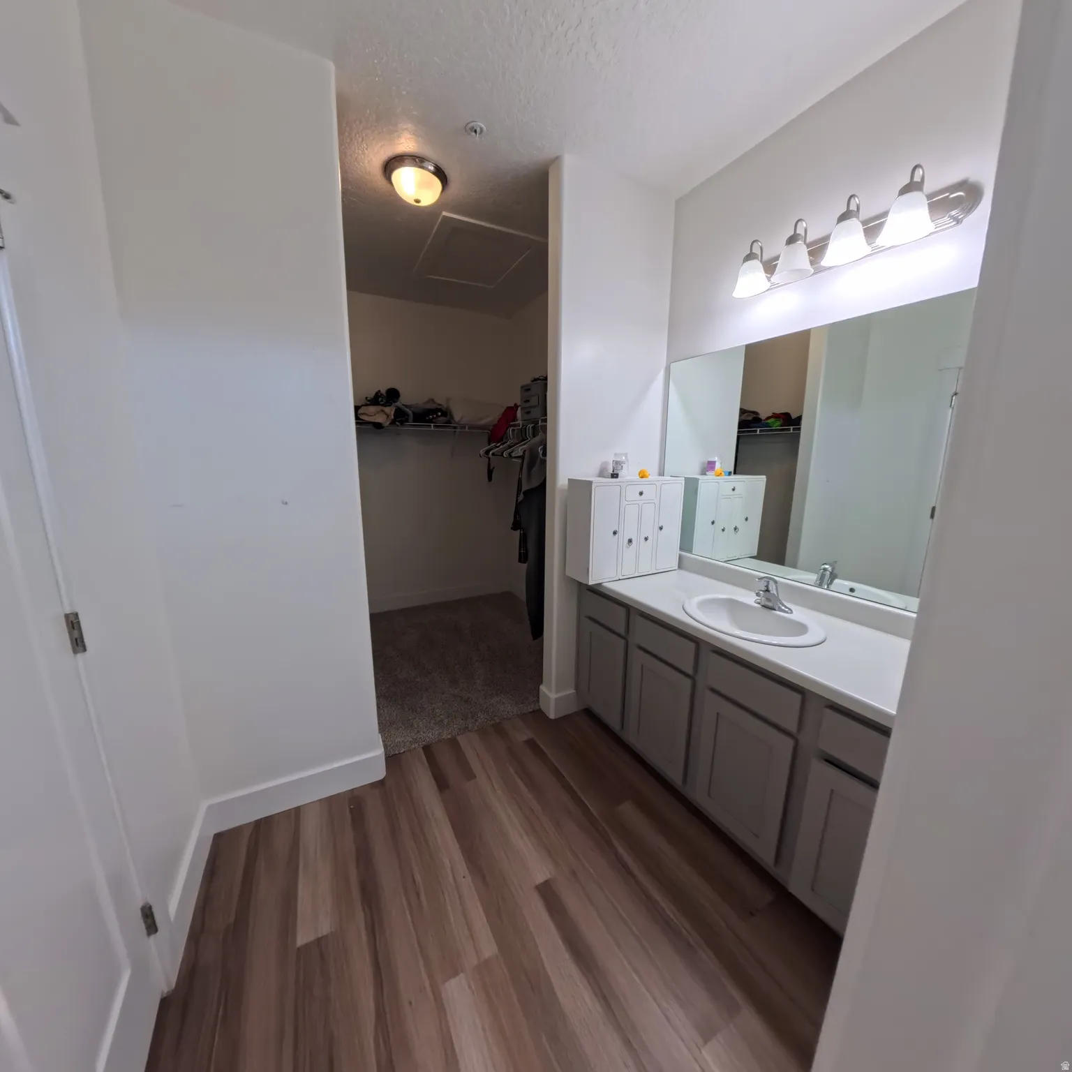 Bathroom vanity with light gray cabinetry, white countertop, and integrated sink