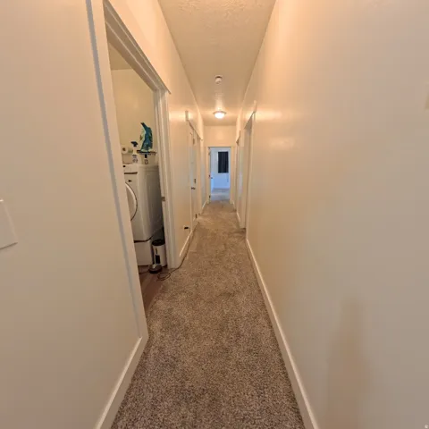 Hallway featuring neutral-toned carpeting and light-colored walls