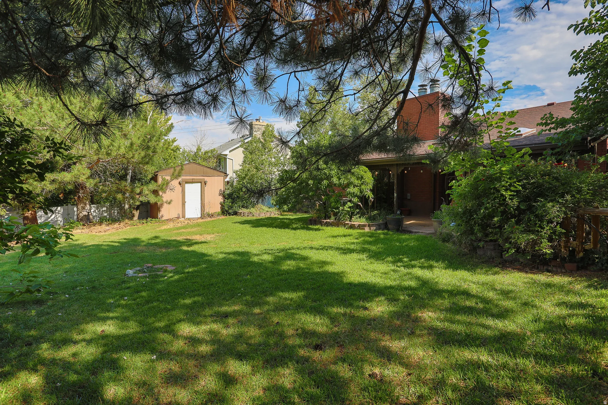 Expansive backyard featuring a manicured lawn, established trees, and a functional storage shed