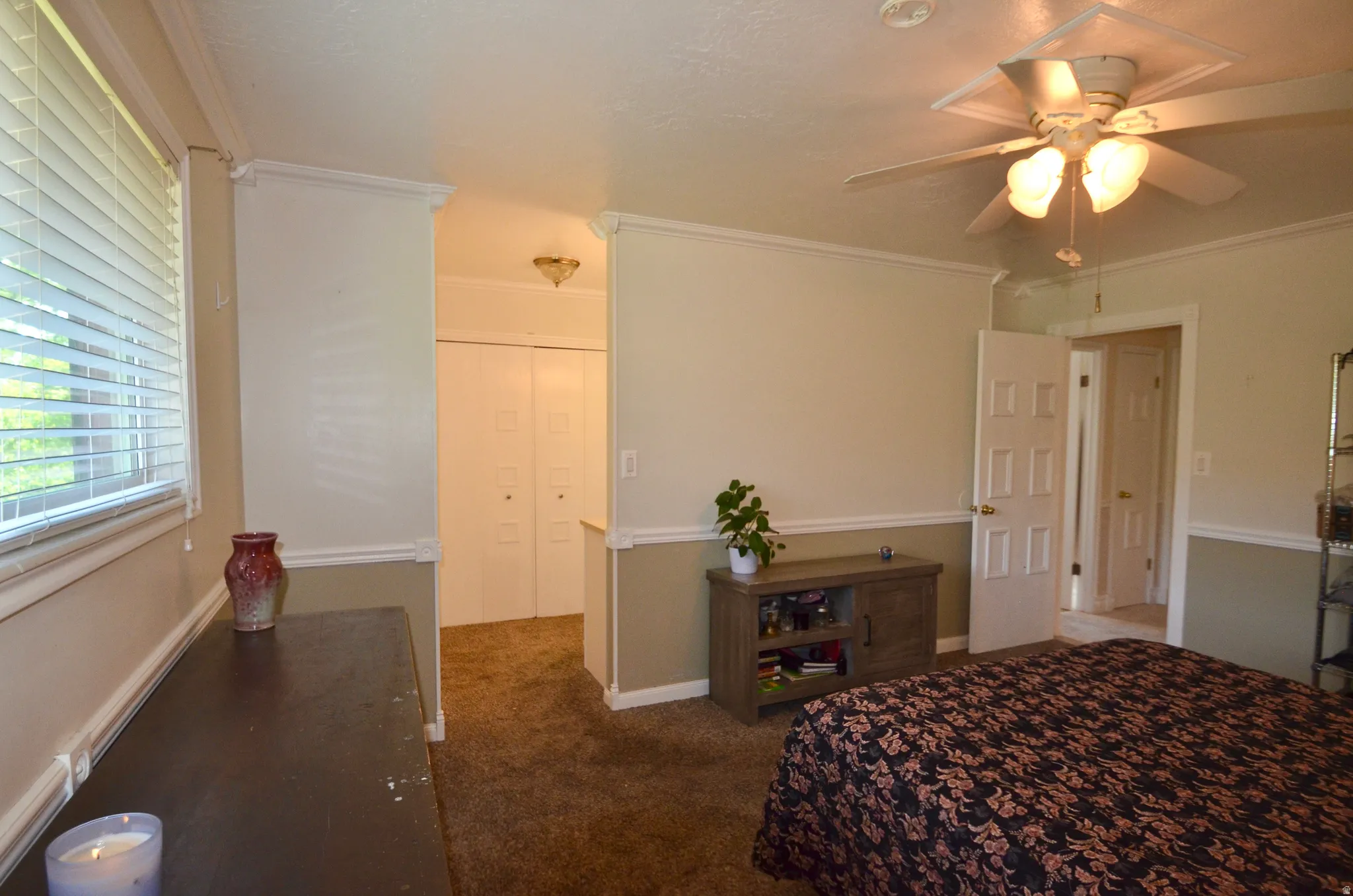 Carpeted room featuring a ceiling fan with integrated lighting, window with blinds, and white trim