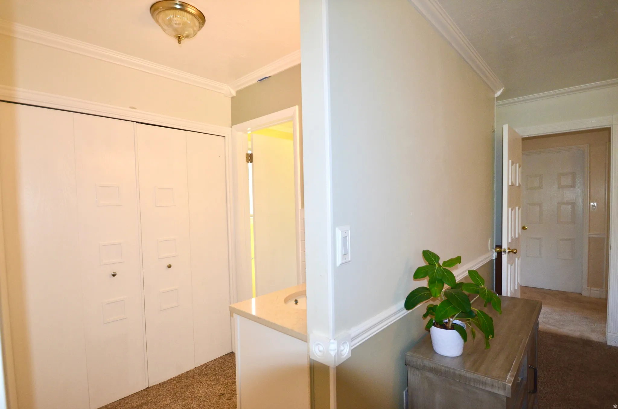 White bi-fold closet doors with square panel accents
