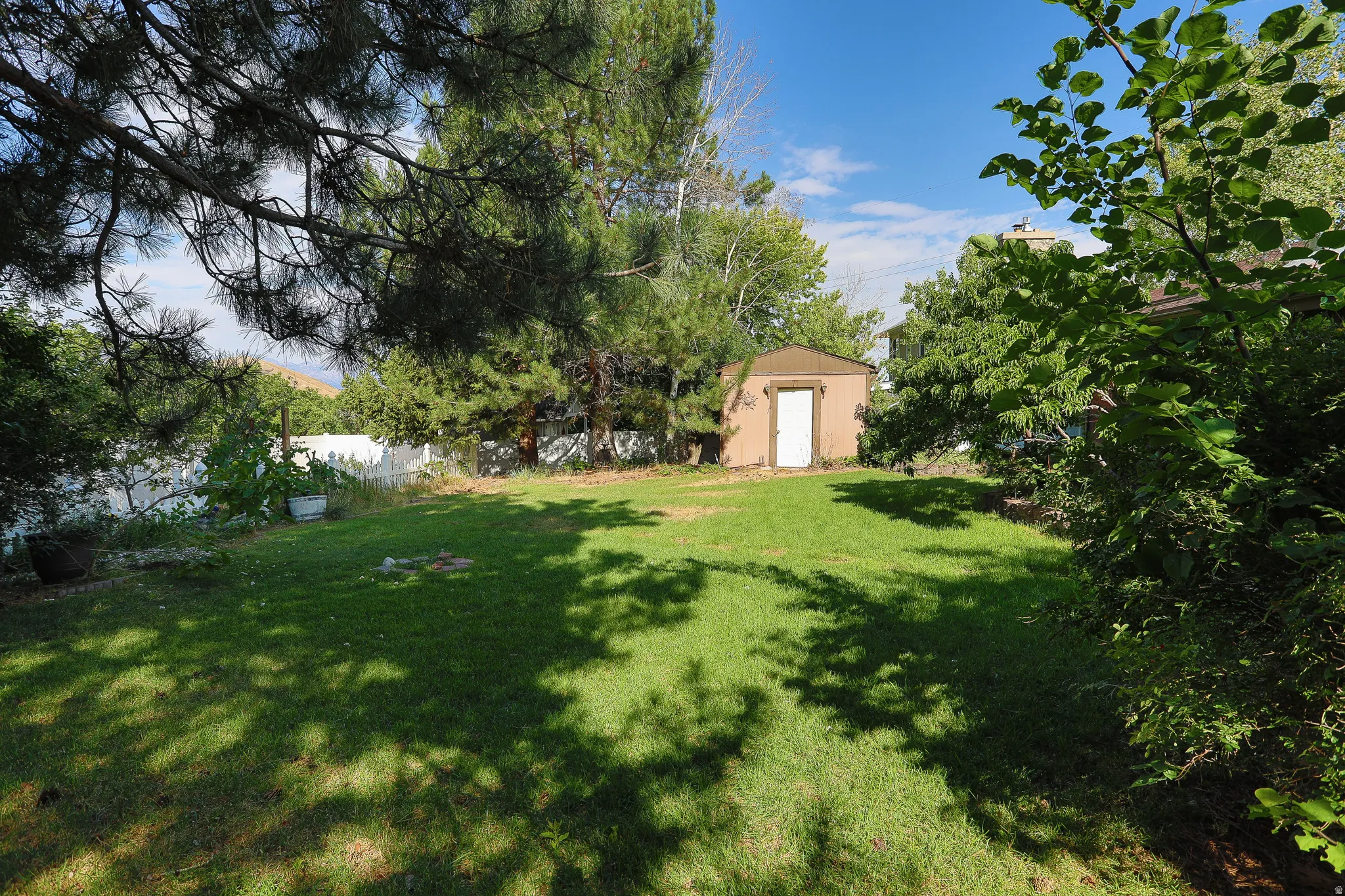 Expansive grassy yard featuring a utility shed with a tan exterior and white door