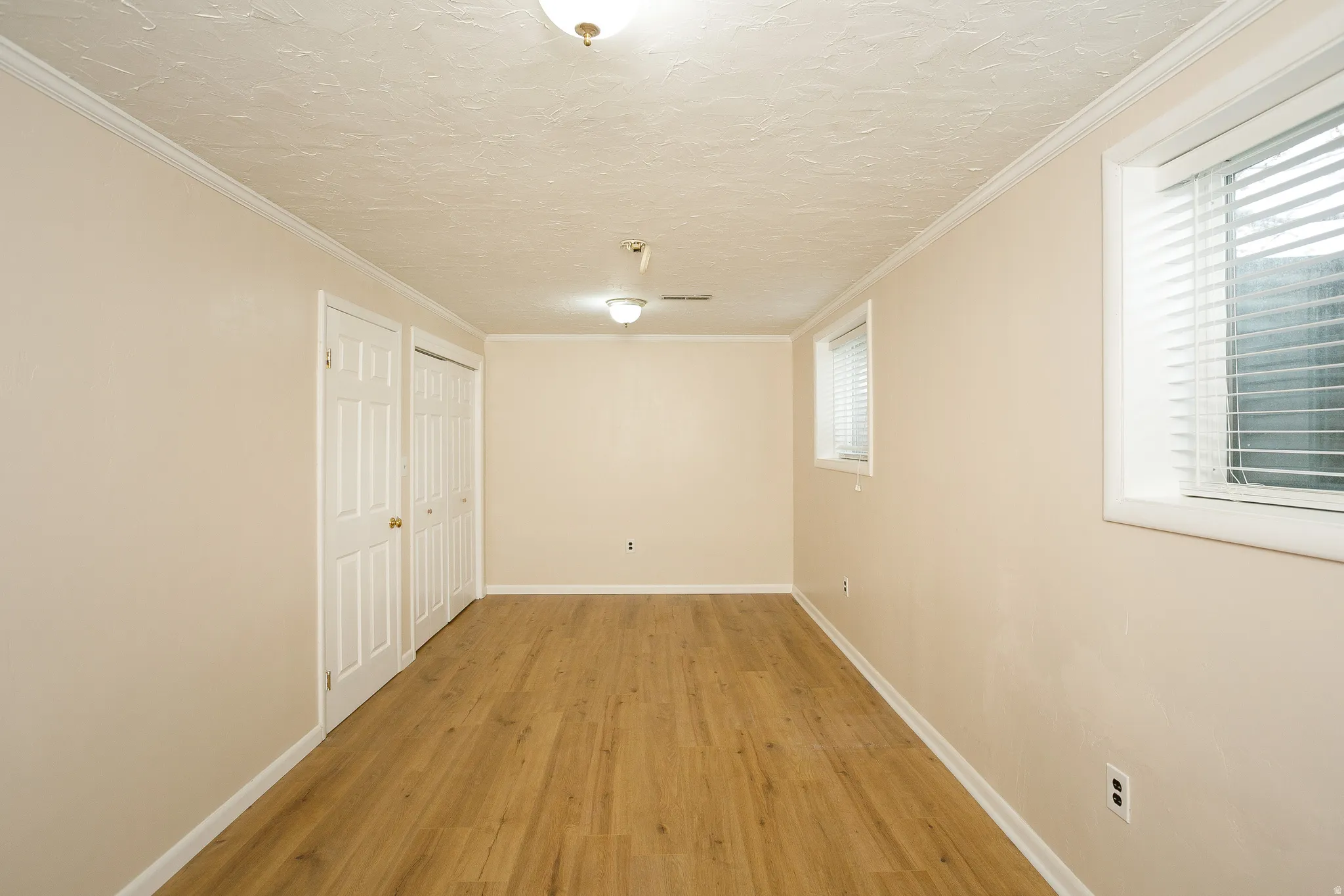 Spacious room featuring wood-finish flooring, two windows with blinds, and two panel doors