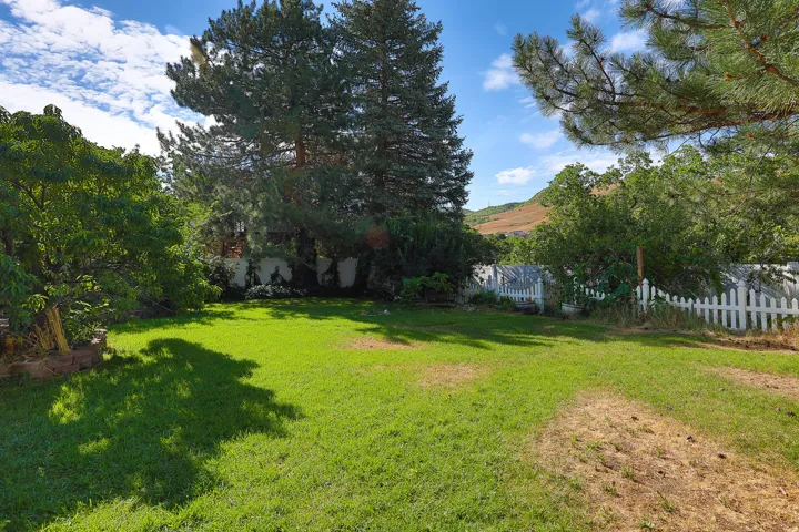 Expansive lawn area featuring mature trees, a white picket fence, and distant hillside scenery