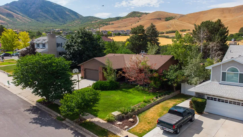 Single-story residence featuring a two-car garage, mature front yard landscaping with vibrant green lawn, and a paved driveway