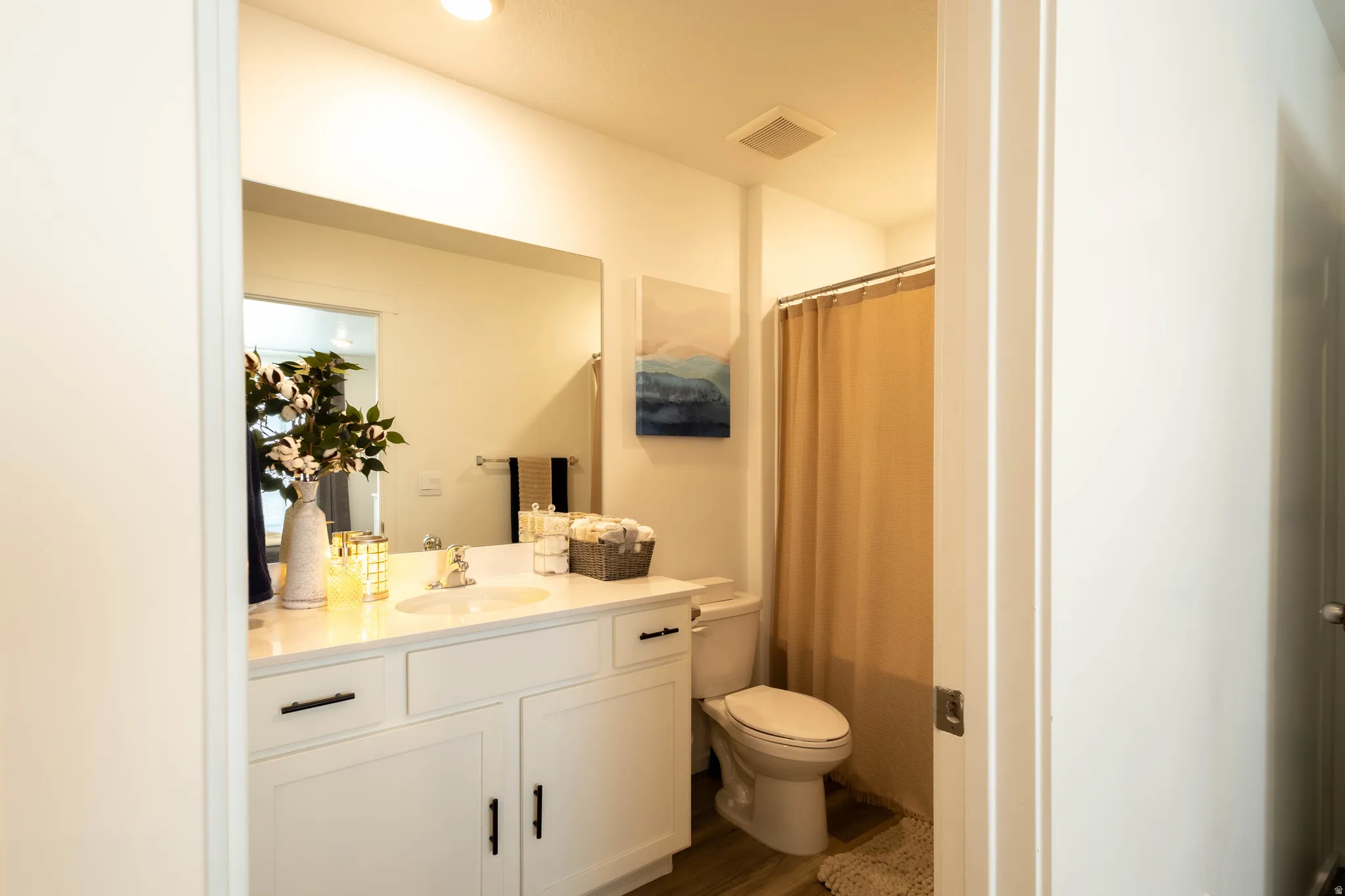 Bathroom featuring a white vanity with a single sink, an integrated mirror, a toilet, and wood-finish flooring