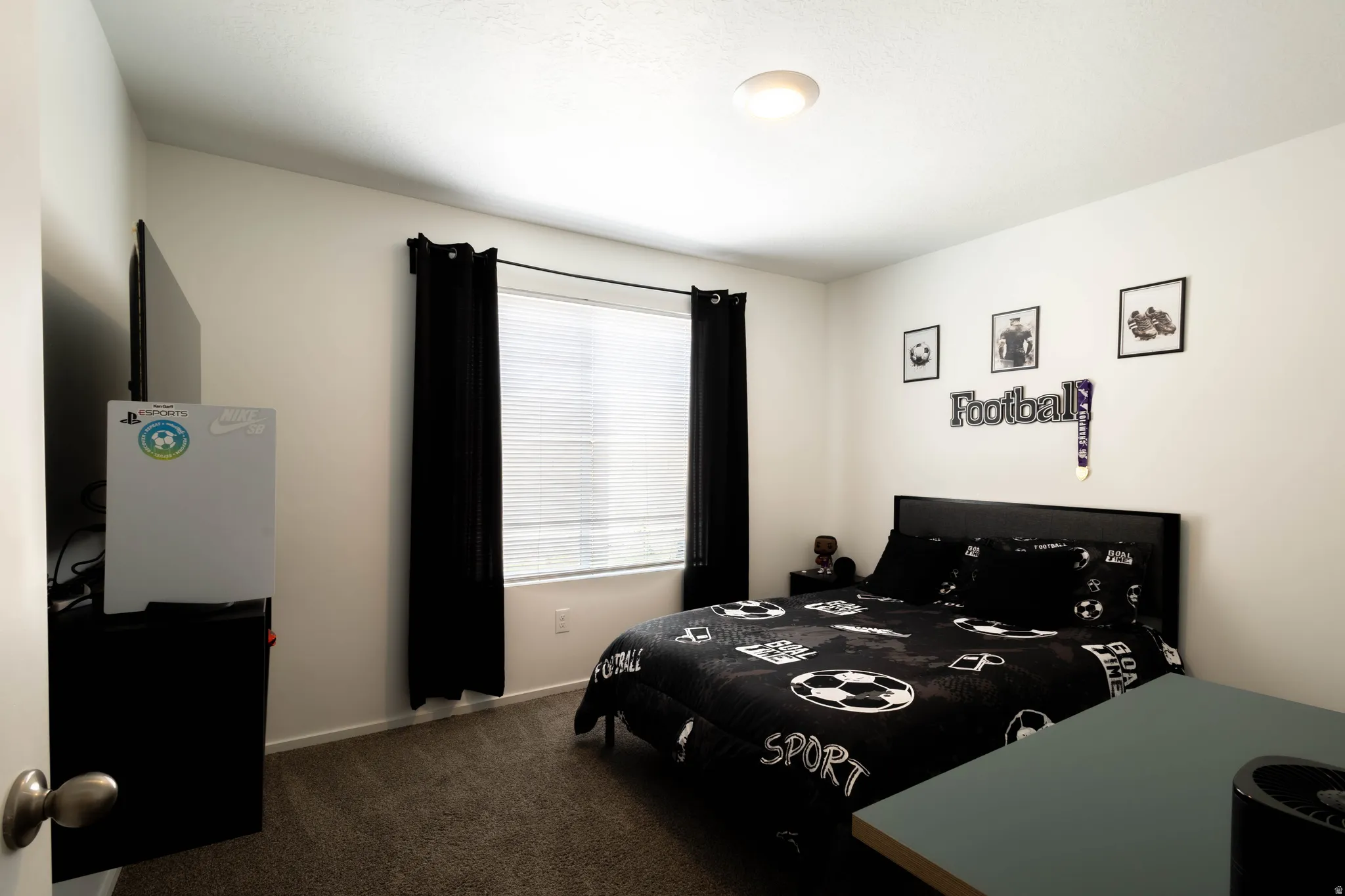 Carpeted room featuring a window with blinds and dark curtains, white walls, and a ceiling-mounted light fixture