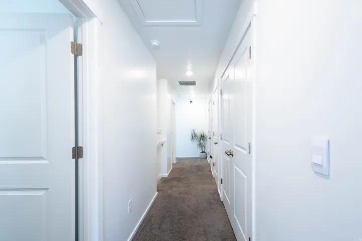 Interior hallway featuring white walls, white doors with silver-tone hardware, and dark carpet flooring