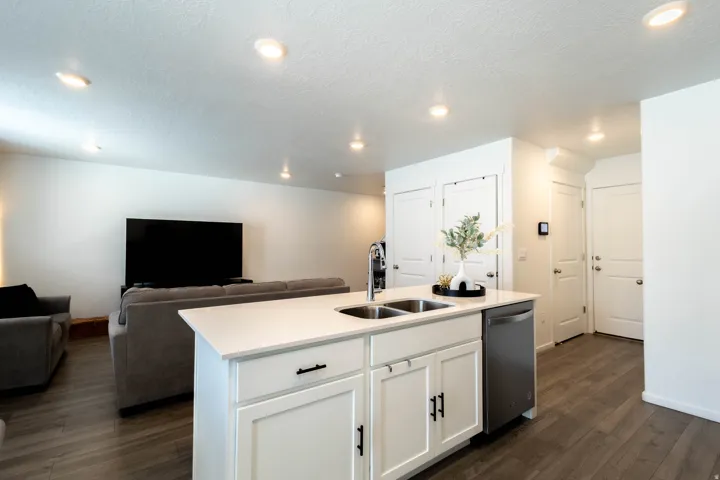 Kitchen island featuring a double-basin sink and stainless steel dishwasher