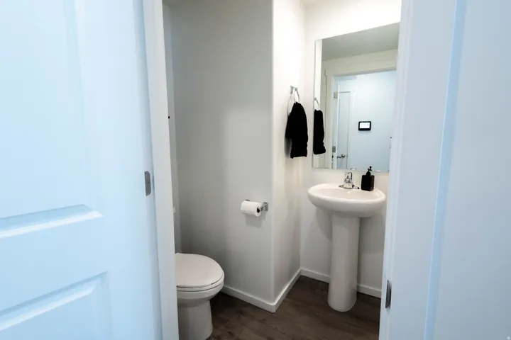 Contemporary pedestal sink and mirror with wood-finish flooring