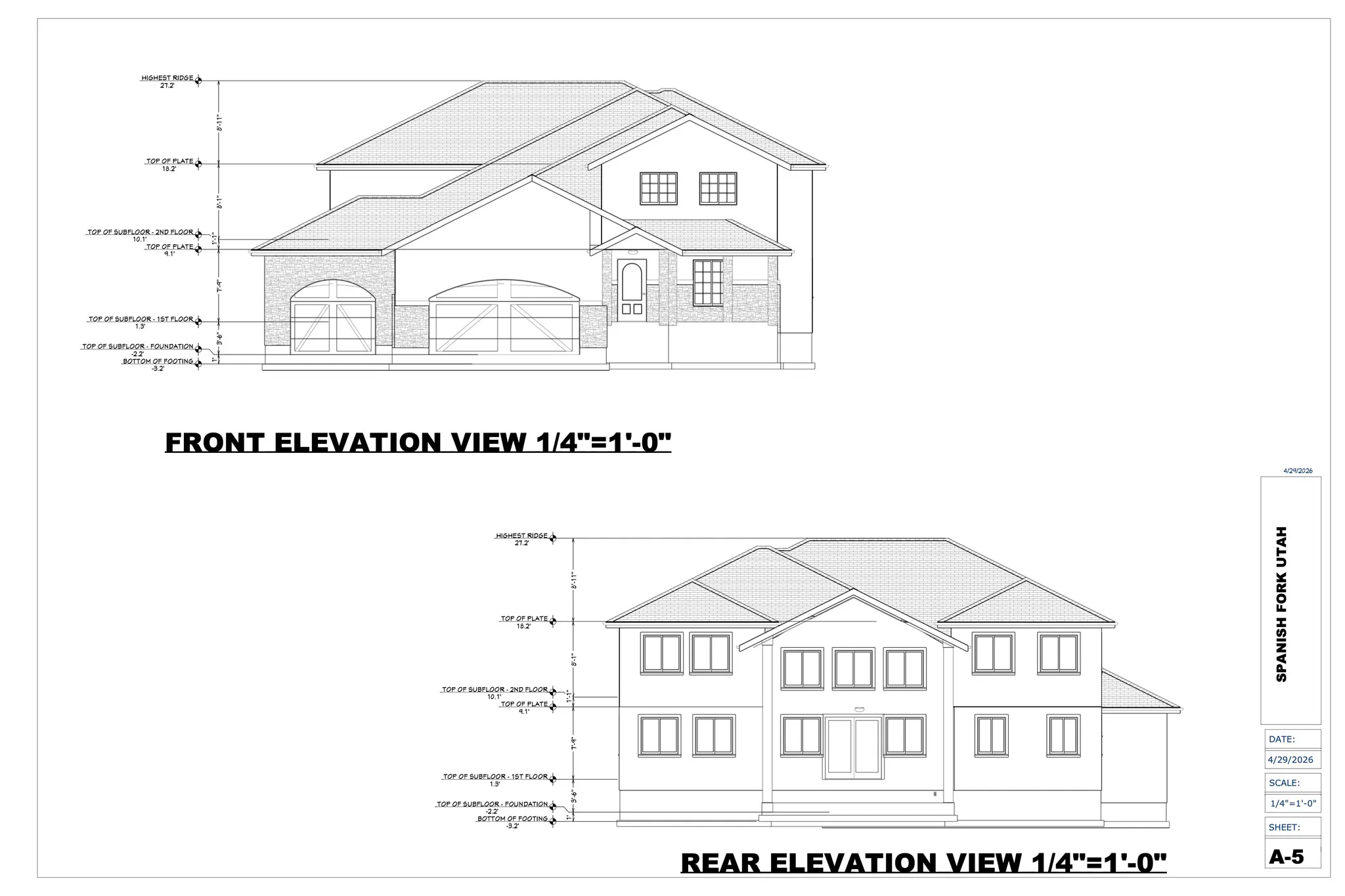 Architectural Plan, Elevations. Illustrating the front and rear external aspects of the property