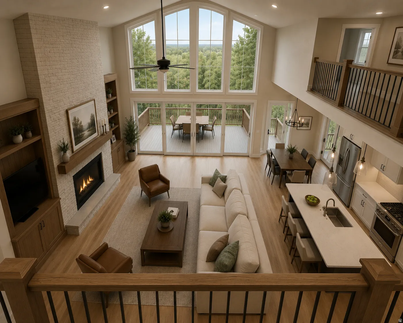 Vaulted ceiling living area featuring a floor-to-ceiling brick-surround fireplace, built-in cabinetry, and expansive glass doors opening to an outdoor deck