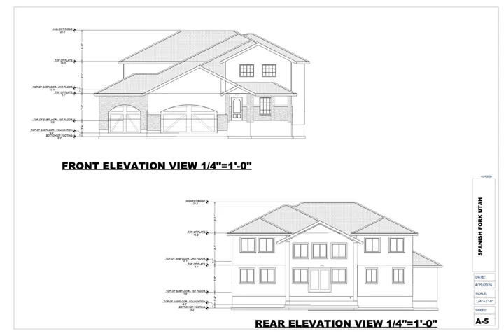Architectural Plan, Elevations. Illustrating the front and rear external aspects of the property
