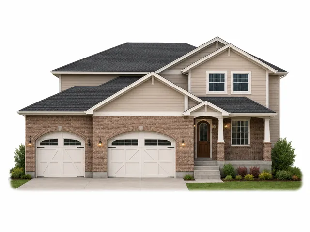 Traditional two-story residence featuring a brick and siding facade with a dark shingle roof