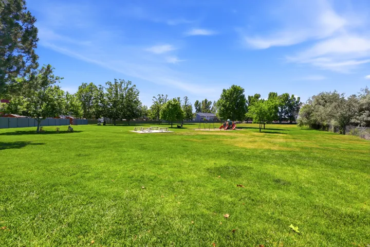 Expansive parkland with a large grassy area, mature trees, and a playground featuring slides and swings