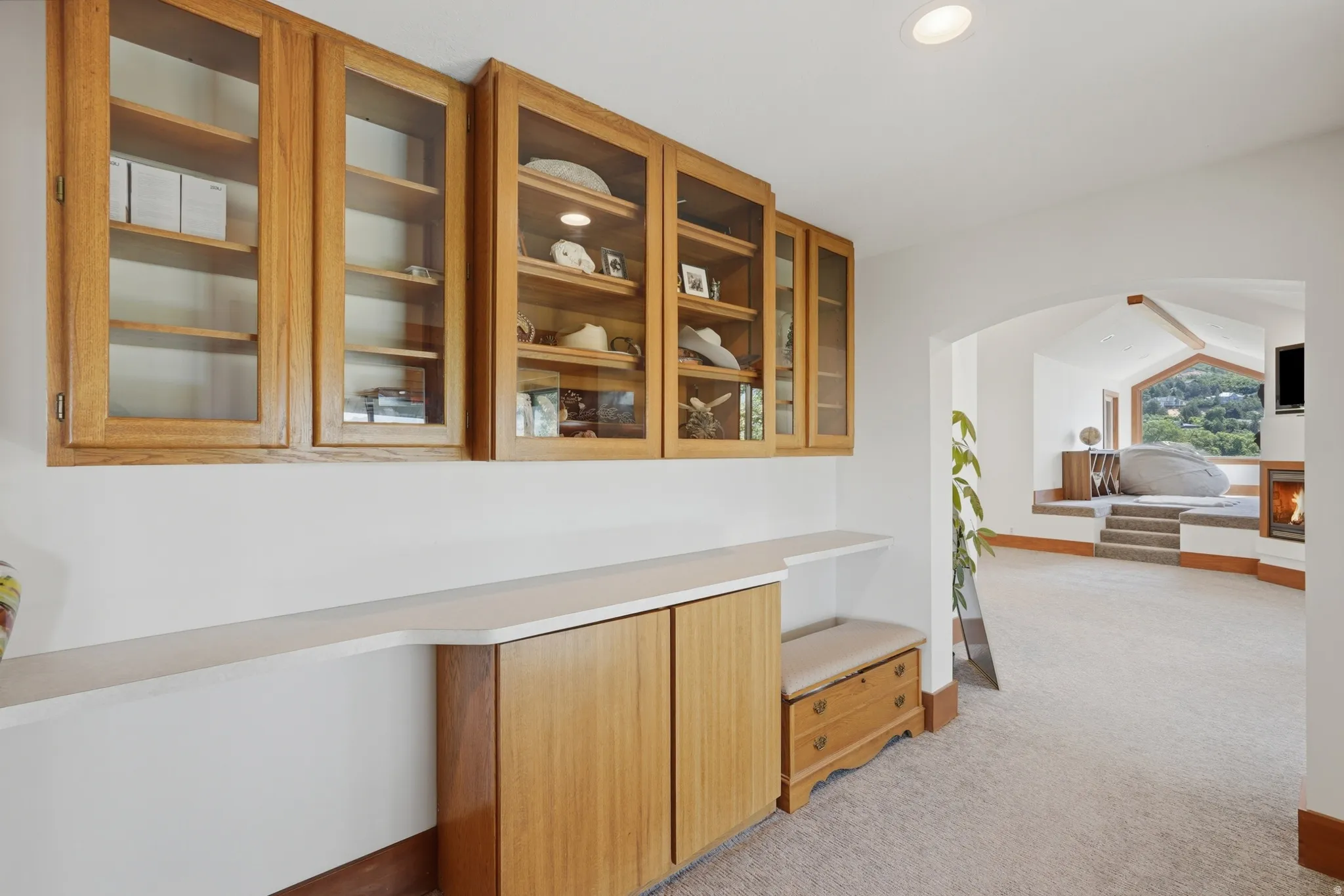 Built-in cabinetry with glass-front uppers and solid wood lower units