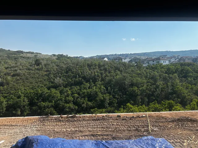 Expansive hillside panorama featuring a dense tree canopy and distant residential structures