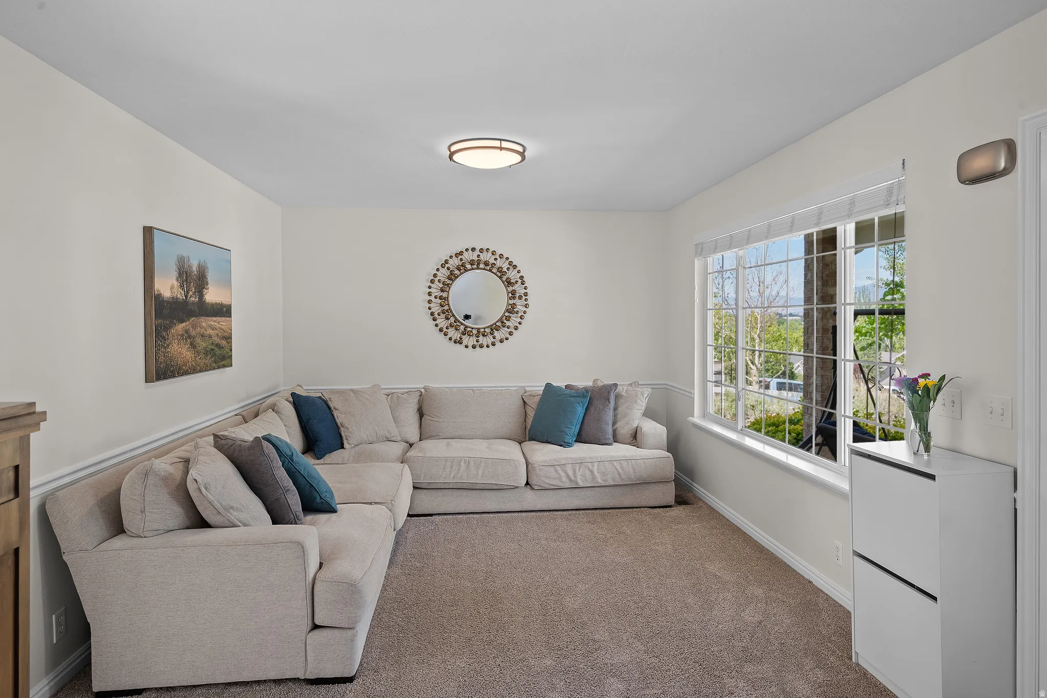 Carpeted room featuring a large multi-pane window, white baseboards, and chair rail molding