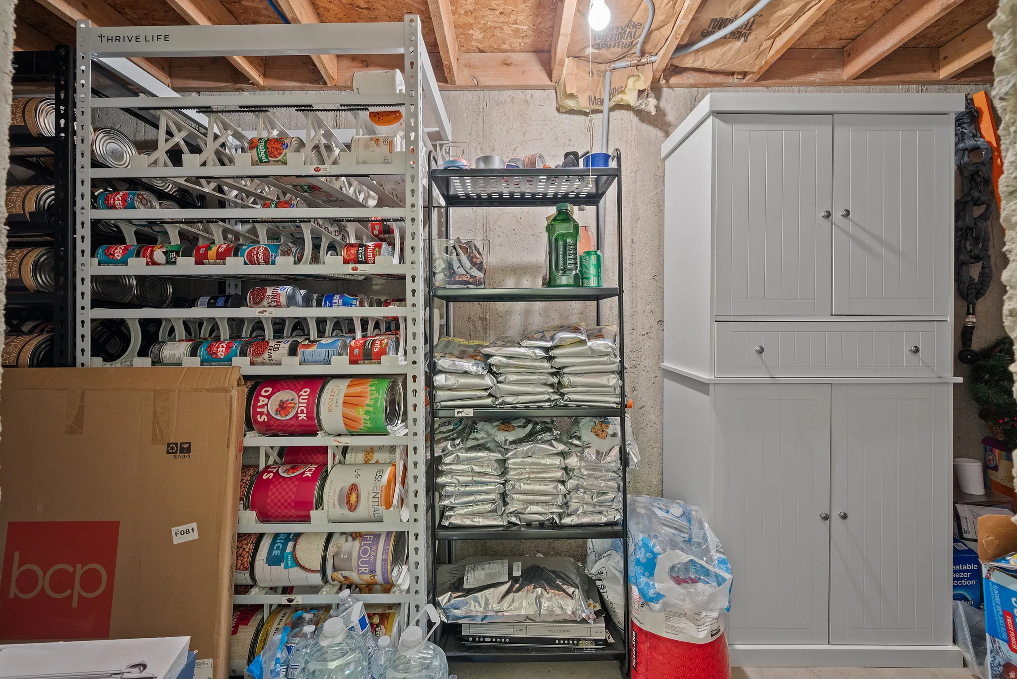 Unfinished storage area featuring exposed ceiling joists, concrete walls, a white storage cabinet with paneled doors, and metal shelving units