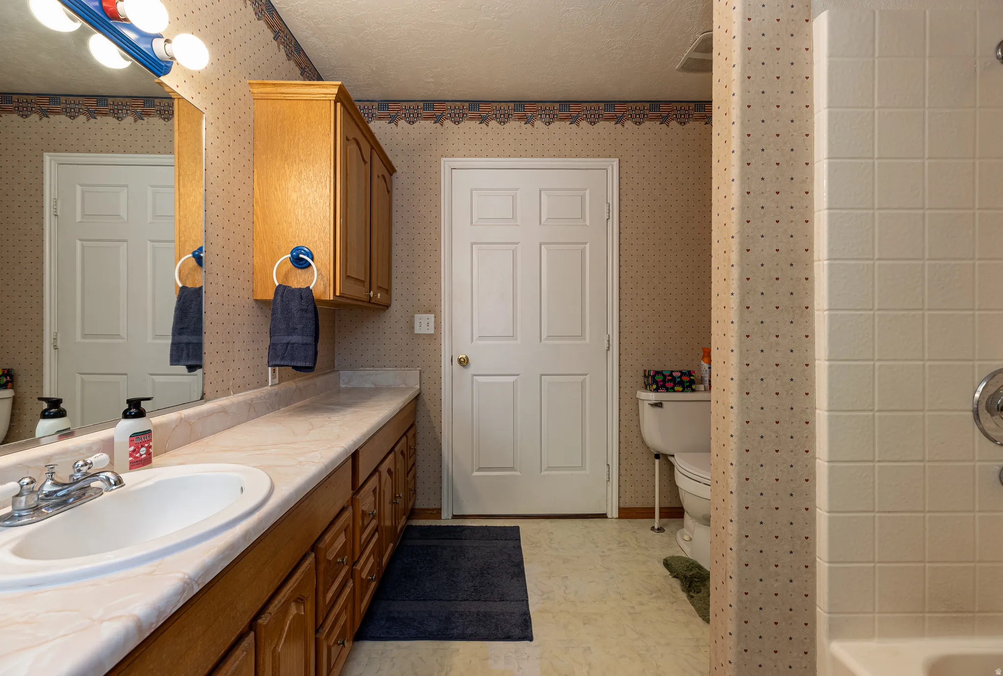 Spacious bathroom with tub and shower and extra long vanity sink