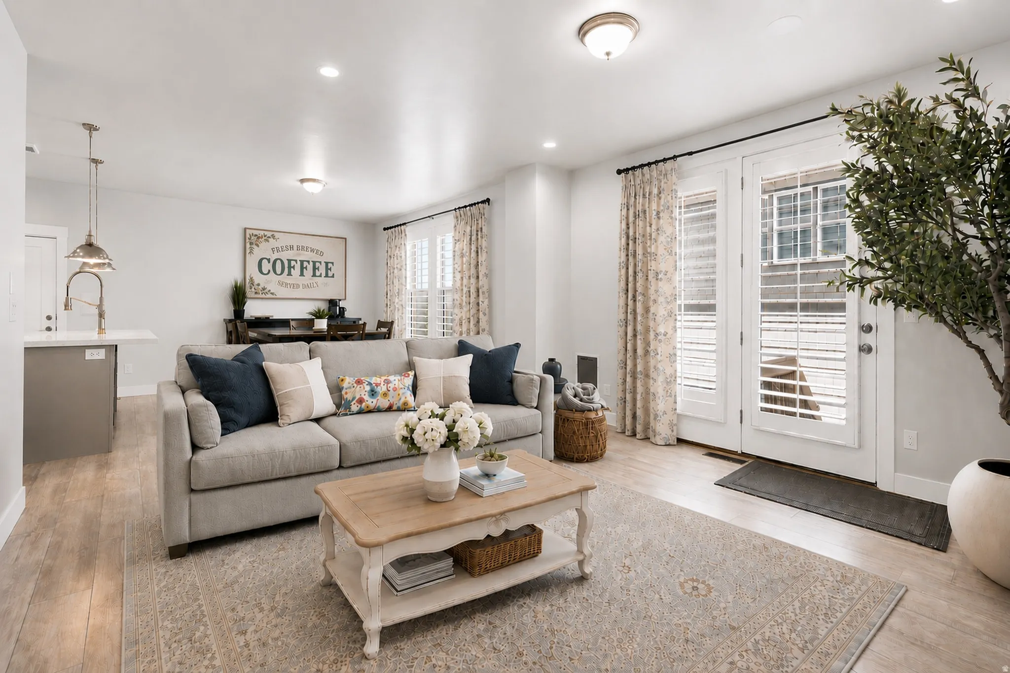 Living area featuring light wood-finish flooring, recessed lighting, and a neutral color palette