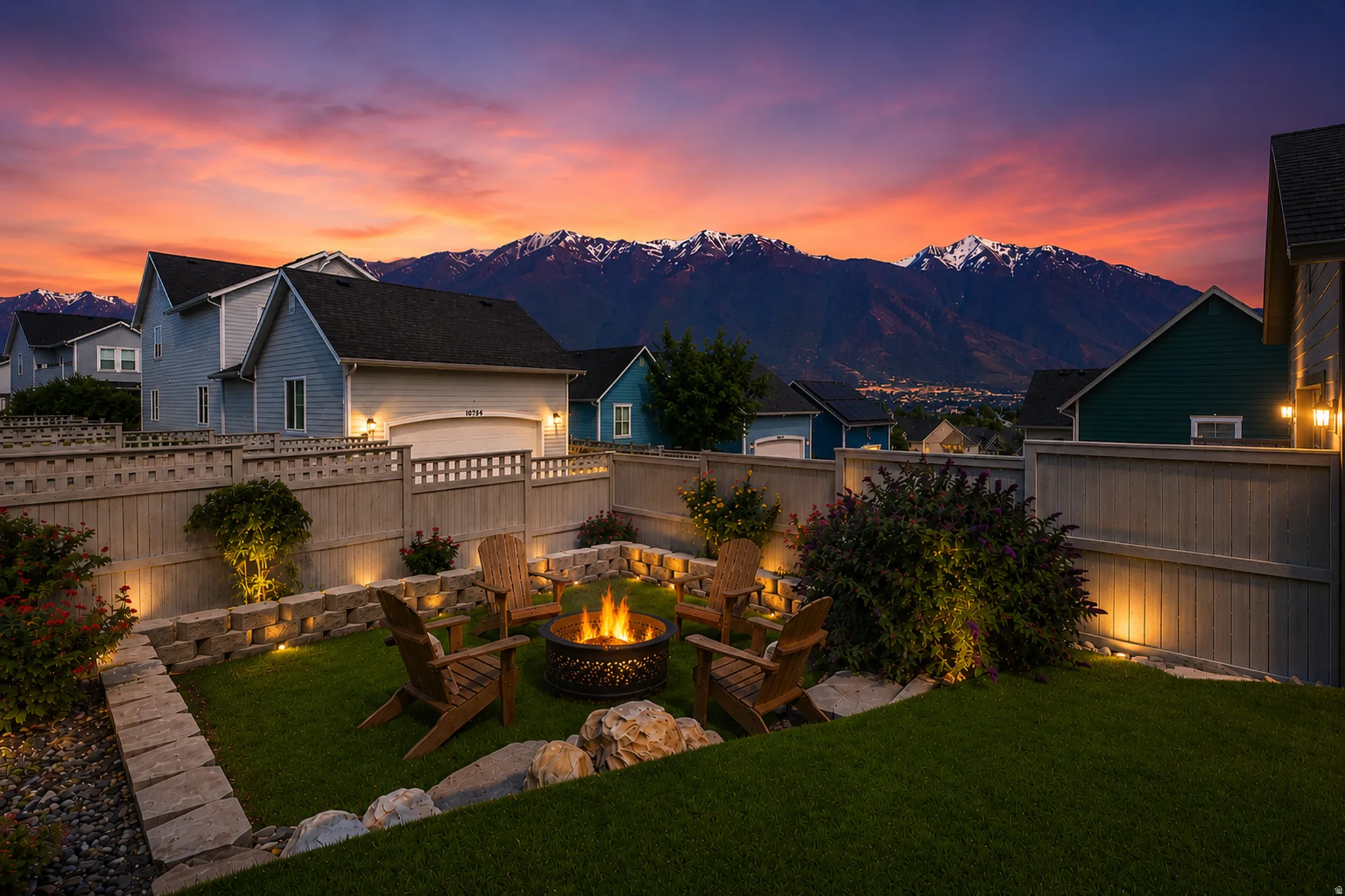 Private backyard featuring a central fire pit, surrounding Adirondack chairs, and landscape lighting