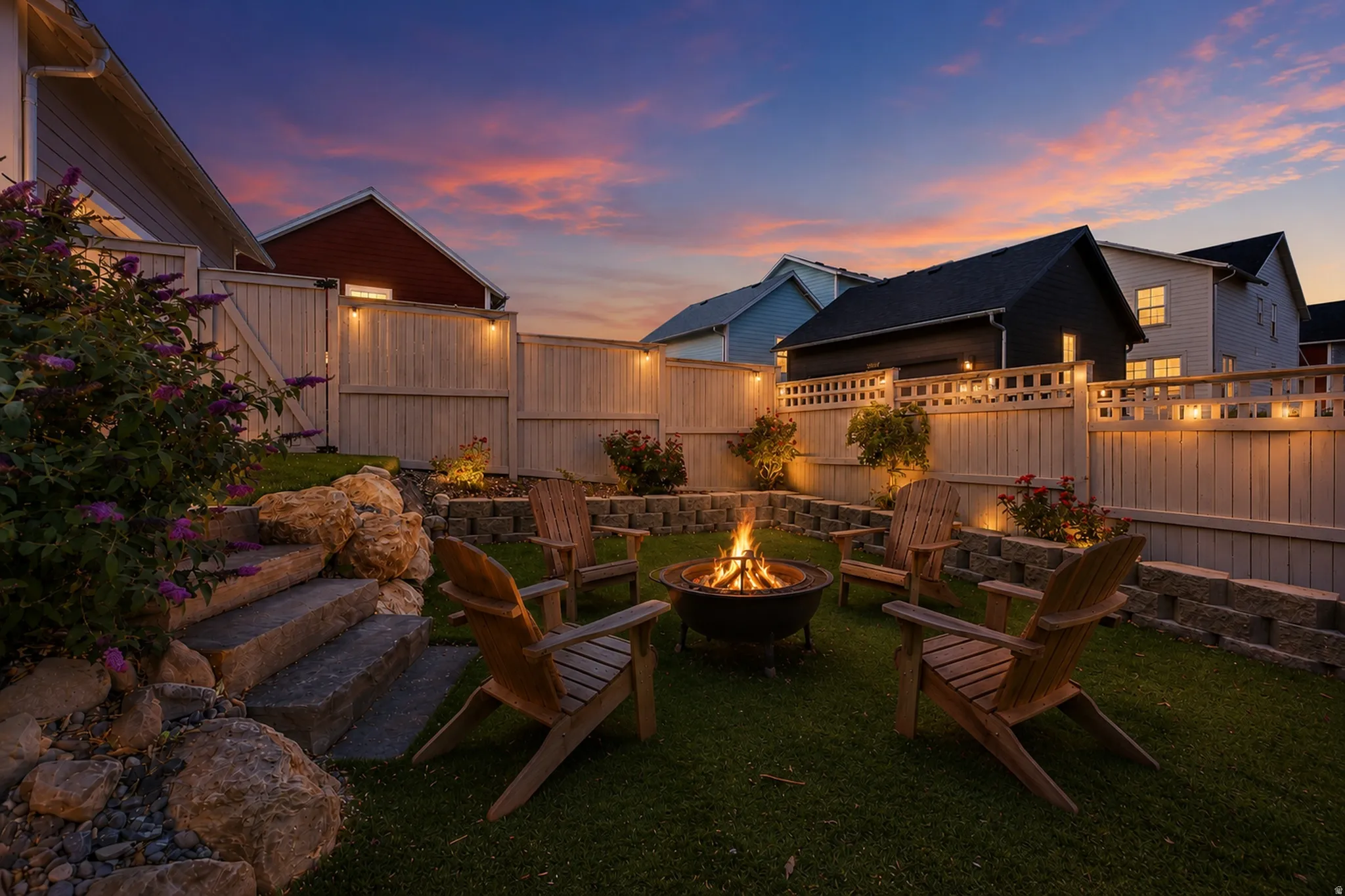 Landscaped backyard featuring a fire pit, tiered stone retaining walls, privacy fencing with integrated lighting, and stone steps
