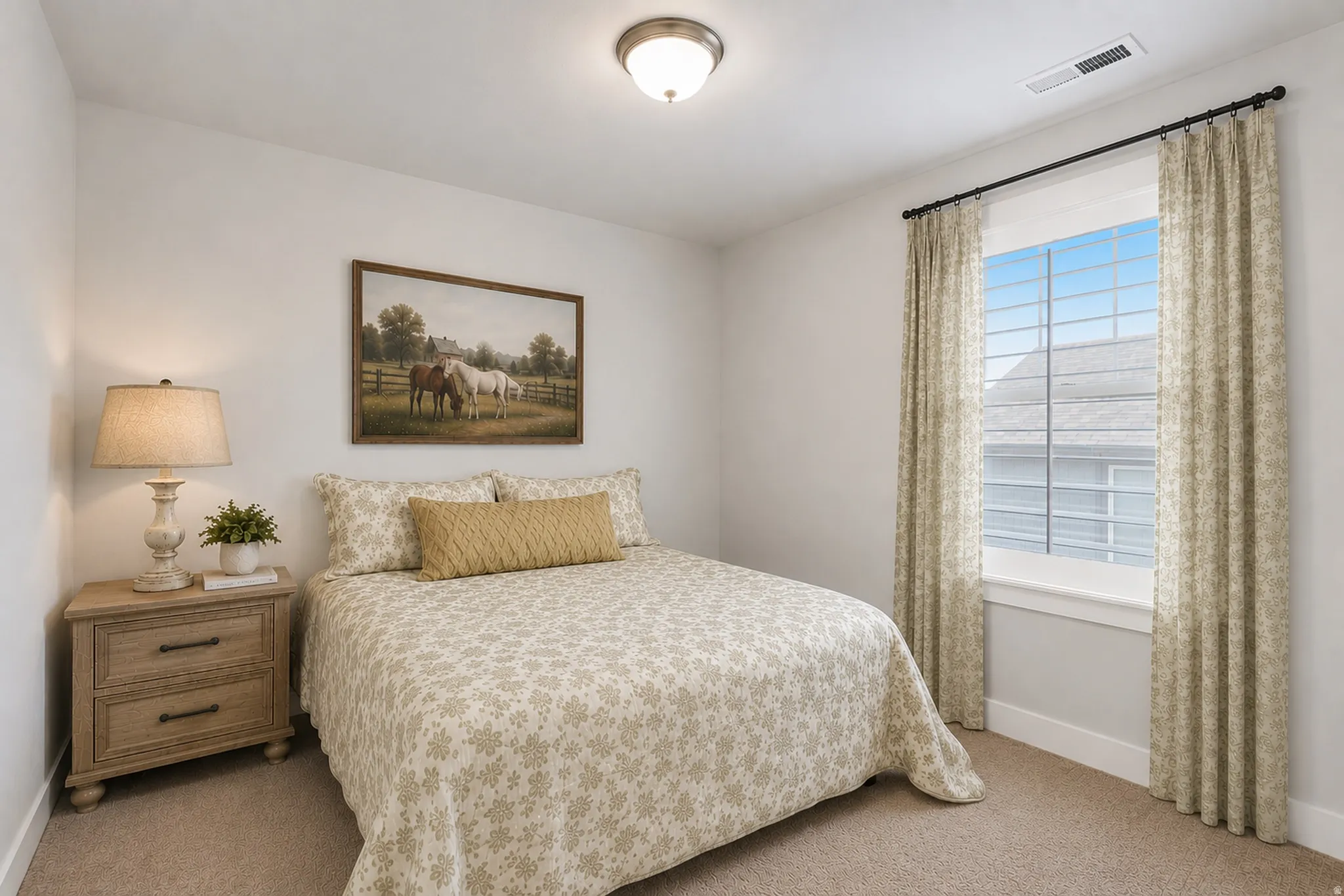 Carpeted room with a double-pane window and neutral-toned walls