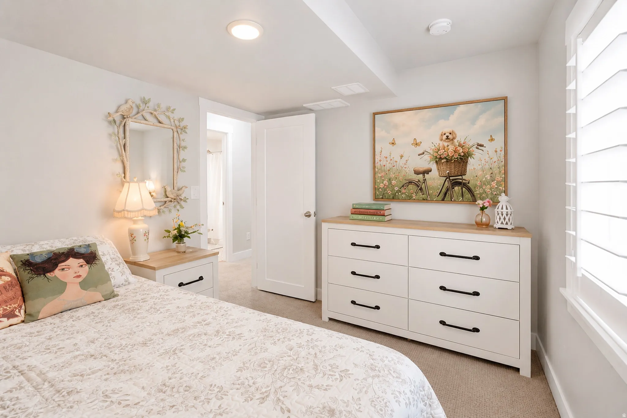Carpeted room featuring a white interior door, recessed lighting, and white plantation shutters